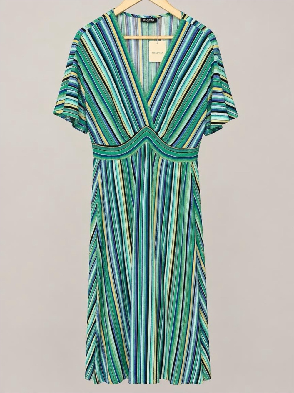 NWT BloomChic Teal, Green & Blue Striped V-Neck Midi Dress - 12